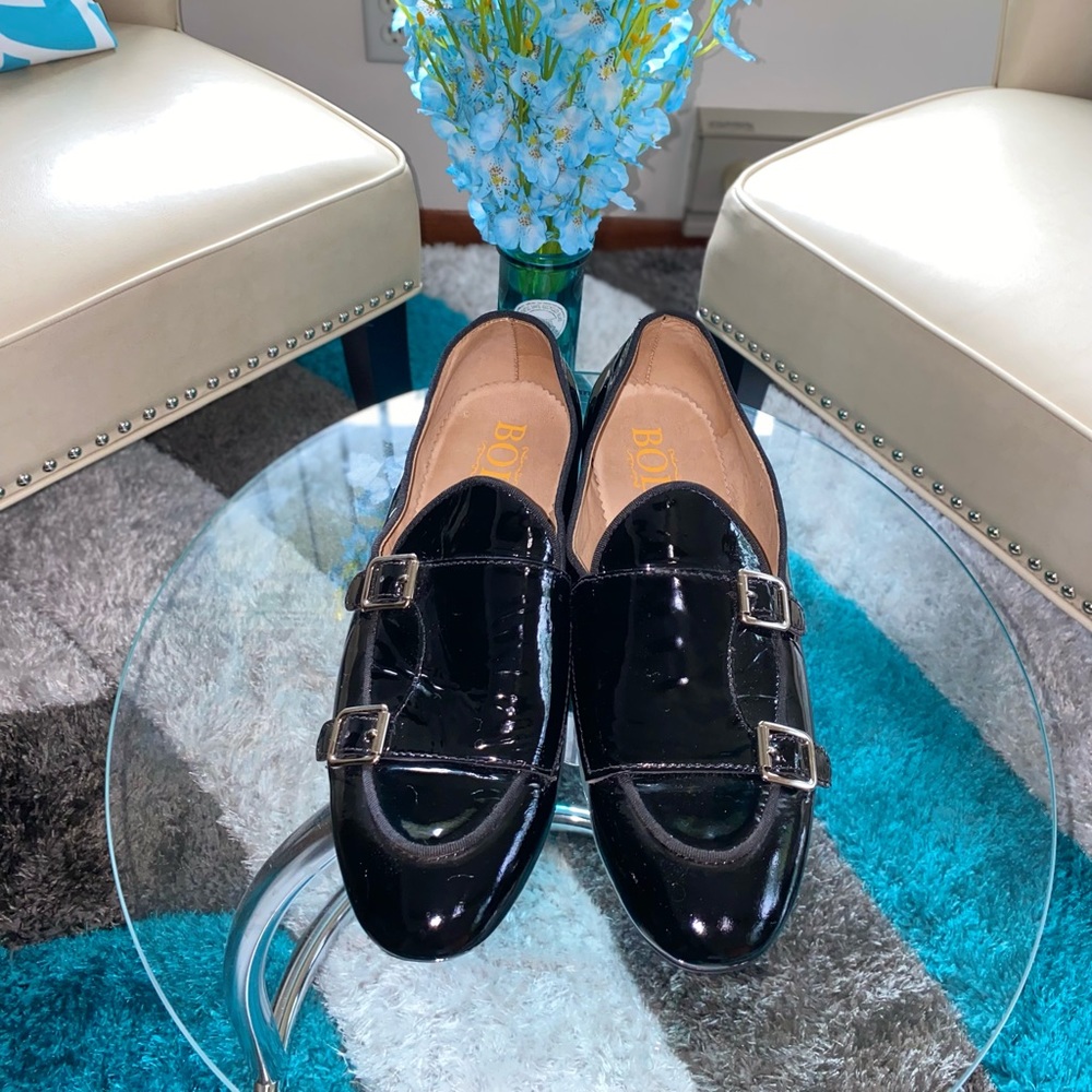 Men’s black patent double monk slippers